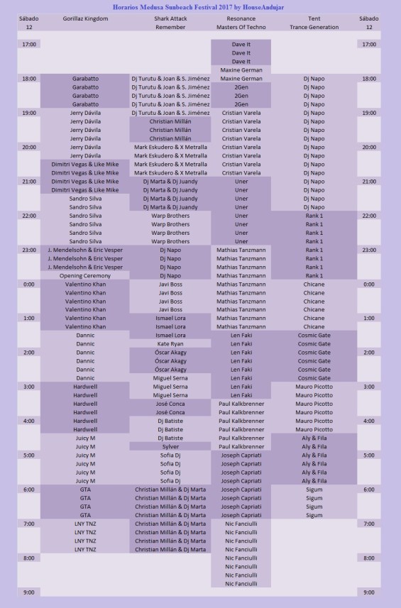 Horarios Medusa by HouseAndujar Sábado 12